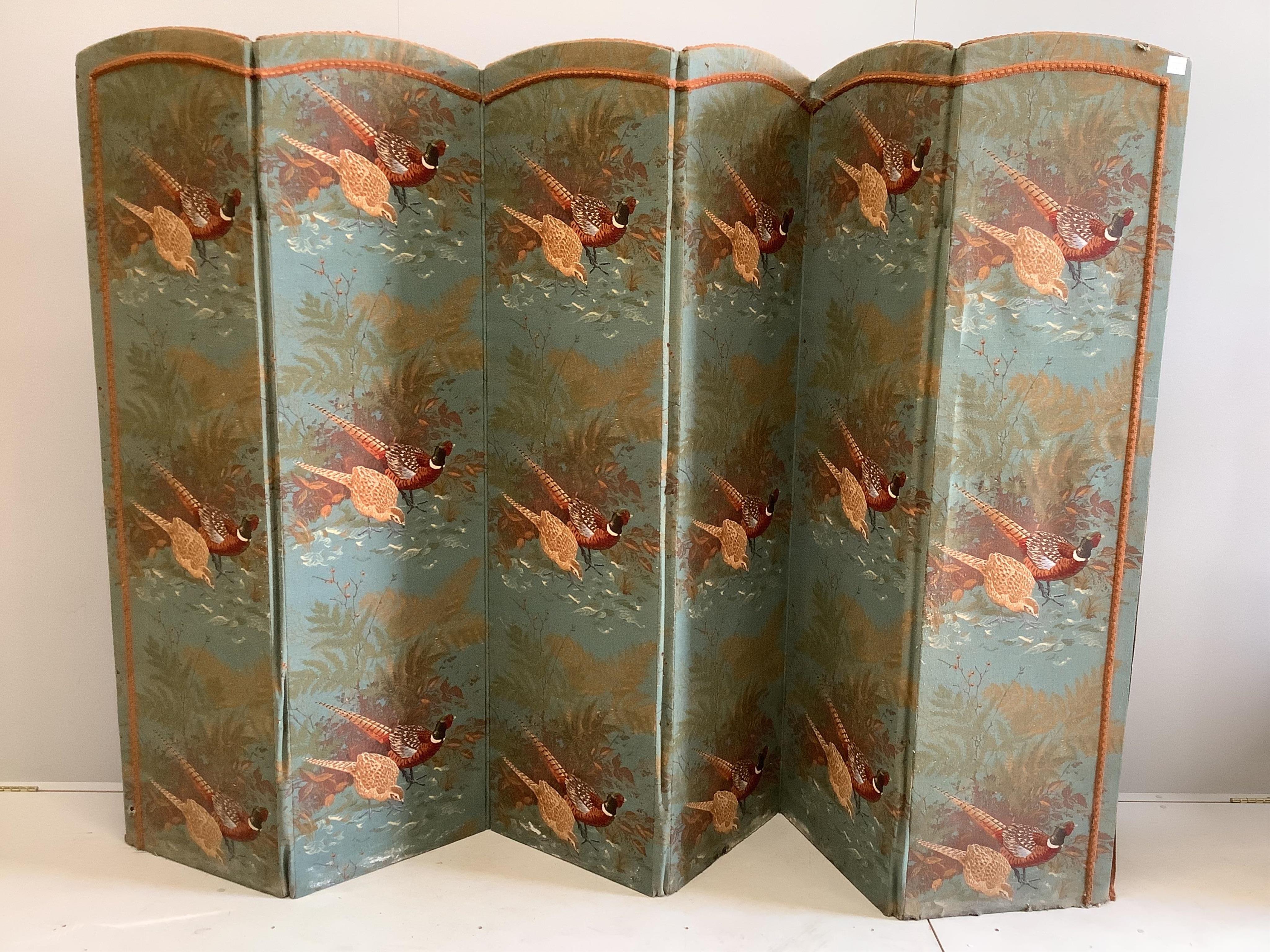A machined tapestry six fold dressing screen decorated with pheasants, each panel width 49cm, height 183cm. Condition - good